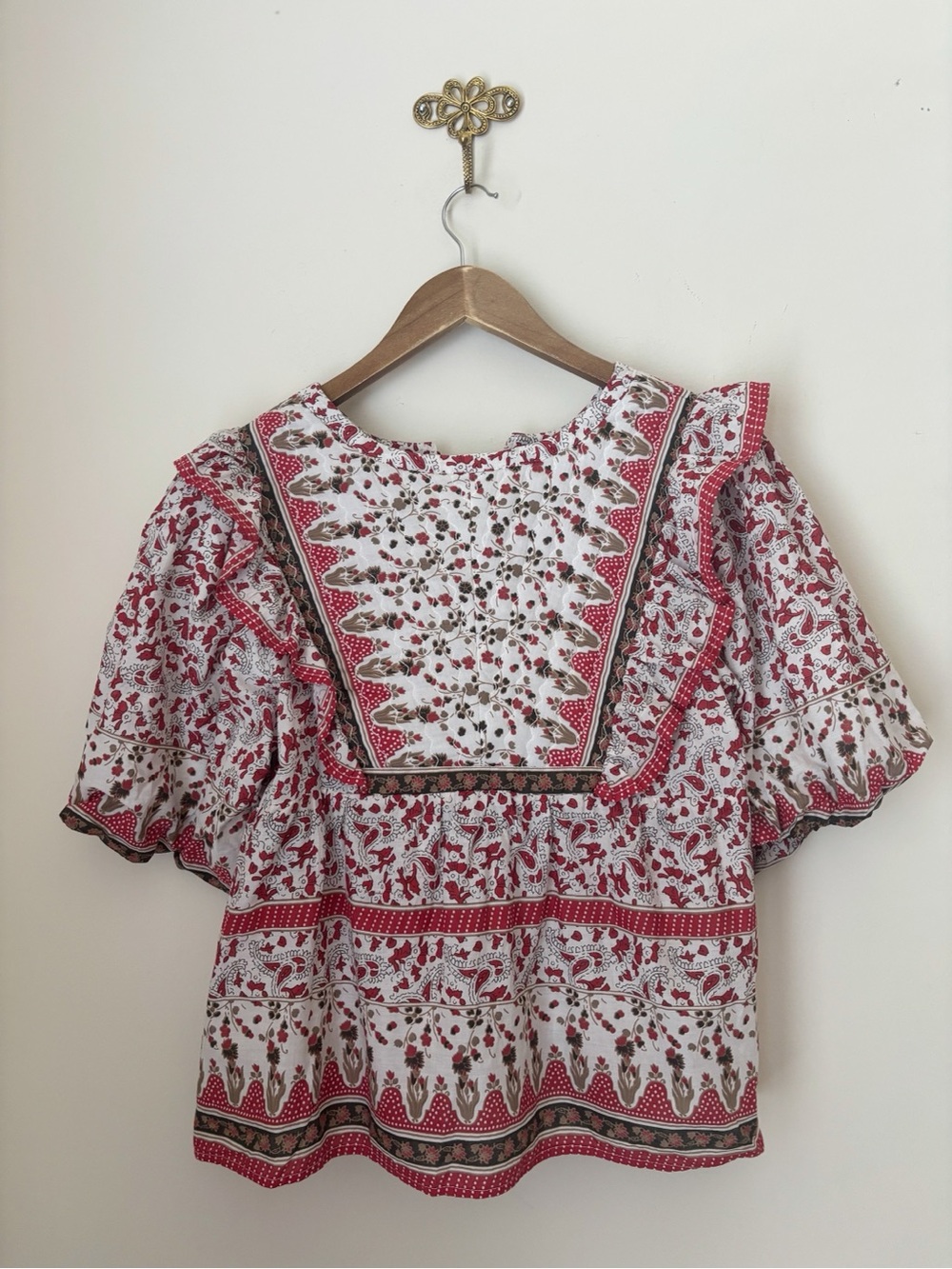 Calypso St Barth Red & Brown Block Print Cotton Blouse Medium Boho Summer - Picture 5 of 8